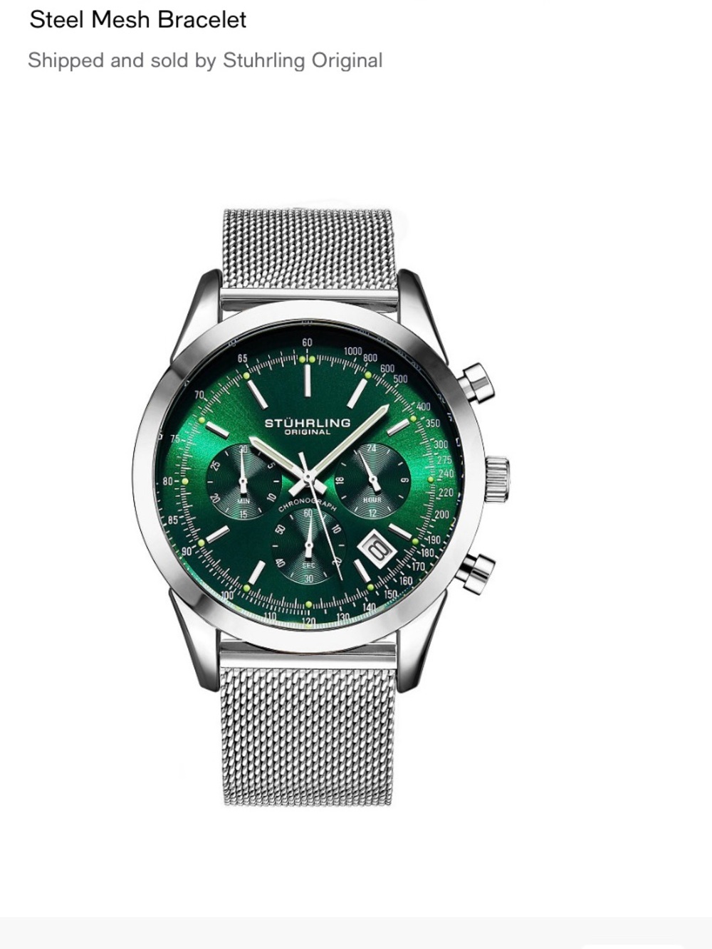 Stuhrling Original Green Dial Chronograph with Silver Mesh Bracelet